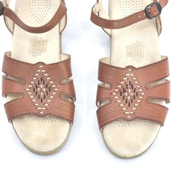 SAS Huarache Quarter Strap Sandals Women 7.5N Antique Tan Brown Embroidery Shoes - Picture 5 of 9